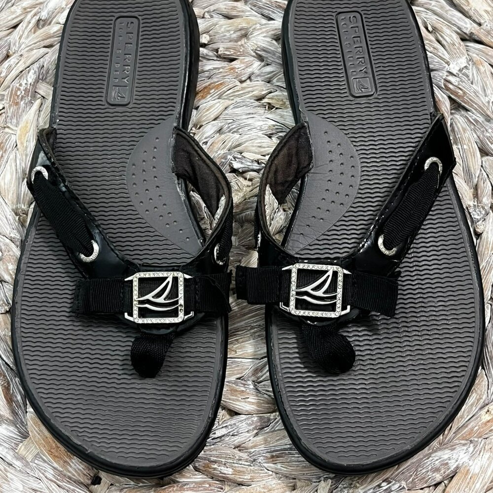 Sperry Top Sider Serena Fish Black Patent Leather Thong Flip Flops Size 6.5